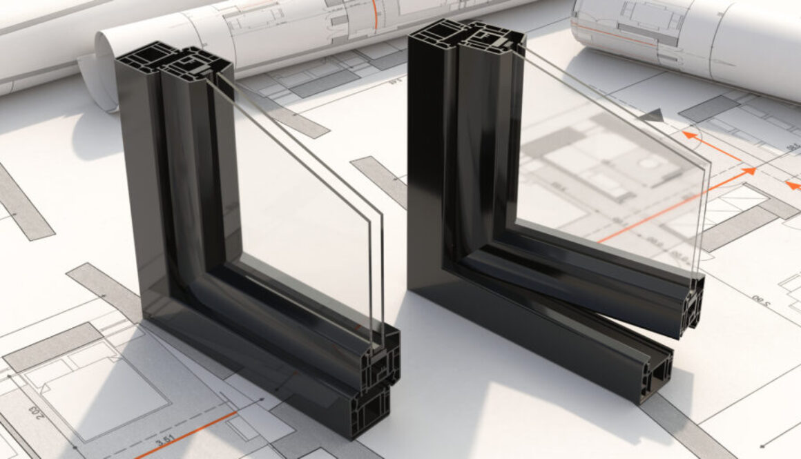 PVC aluminum window frame with two glasses on drawing background