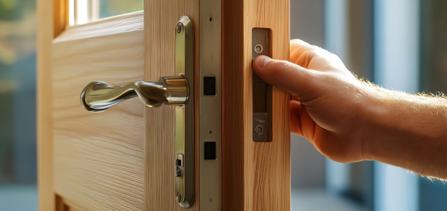 Carpenter installing a wooden door frame in a house renovation. Highlighting door installation and home construction